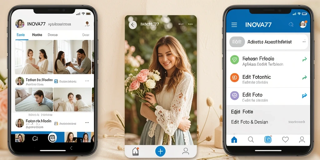 Screenshot utama INOVA77 menampilkan antarmuka user-friendly aplikasi Edit Foto Aesthetic.