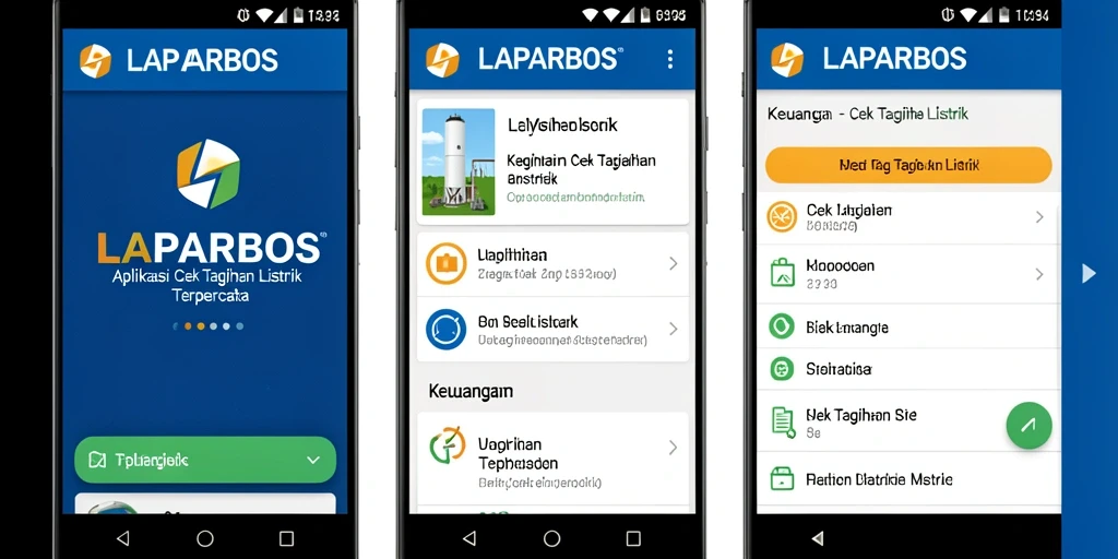 Screenshot antarmuka LAPARBOS menampilkan fitur cek dan bayar tagihan listrik.